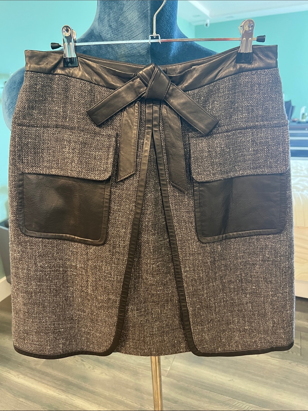 Robert Rodriguez Brown Tweed Mini Skirt with Black Faux Leather Trim